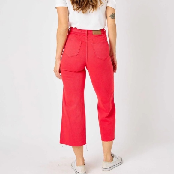 Judy Blue High Waist Garment Dyed Red Tummy Control Wide Leg Crop Denim Jeans - Picture 3 of 10